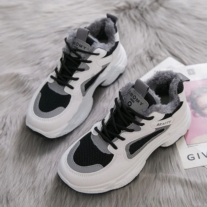 Sneakers Women Winter Running Shoes for Women Cotton Plush Mixed Colors Sport Shoes Woman Winter Shoes Women - Цвет: Black