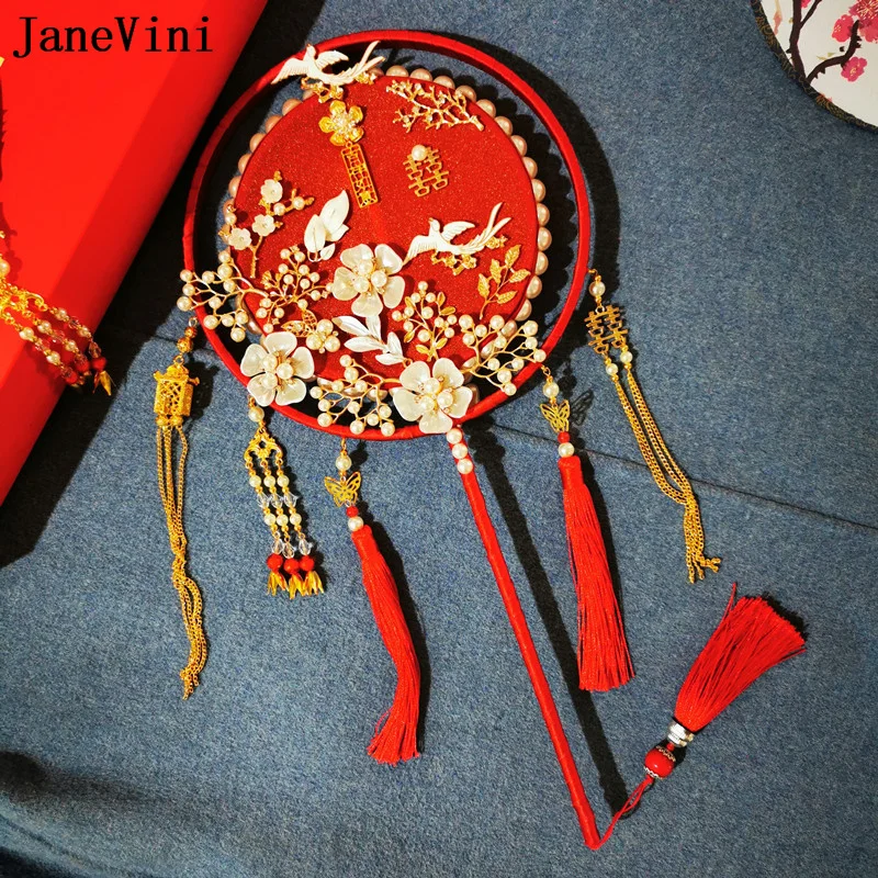 JaneVini Red Bride Hand Fan Ancient Bride Bouquet Flower Mariage Chinese Style Bridal Bouquets Luxury Pearl Round Wedding Fan