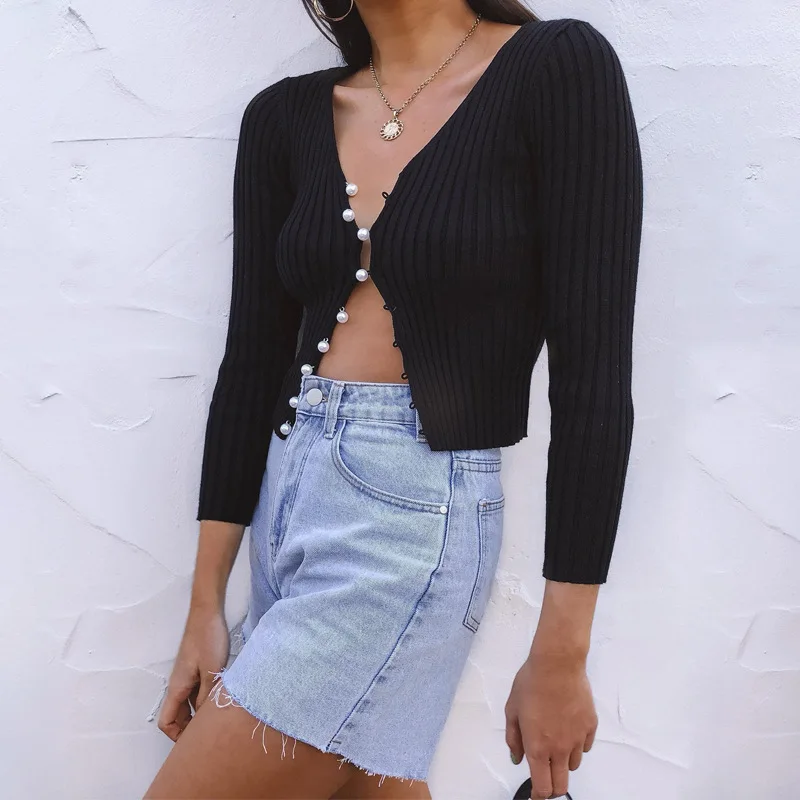 

Women Sexy Long Sleeve Pearl Button Cardigan Korean Casual Top Summer Womens Open Front Button Up Knitting Cardigan Sweaters