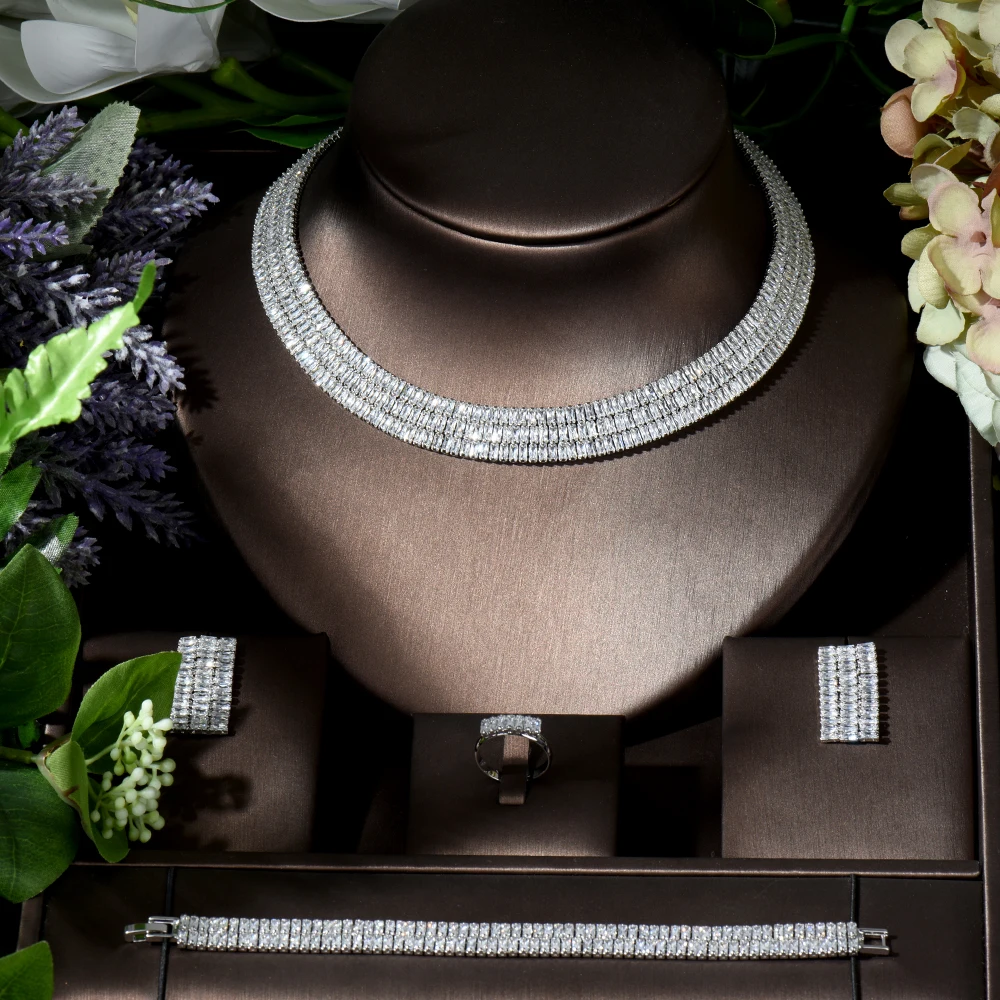 HIBRIDE New Design Simple Baguette Pendant Small Jewelry Set Luxury Cubic Earring Necklace Set Wholesale Women Bridal Party N200 - Image 2