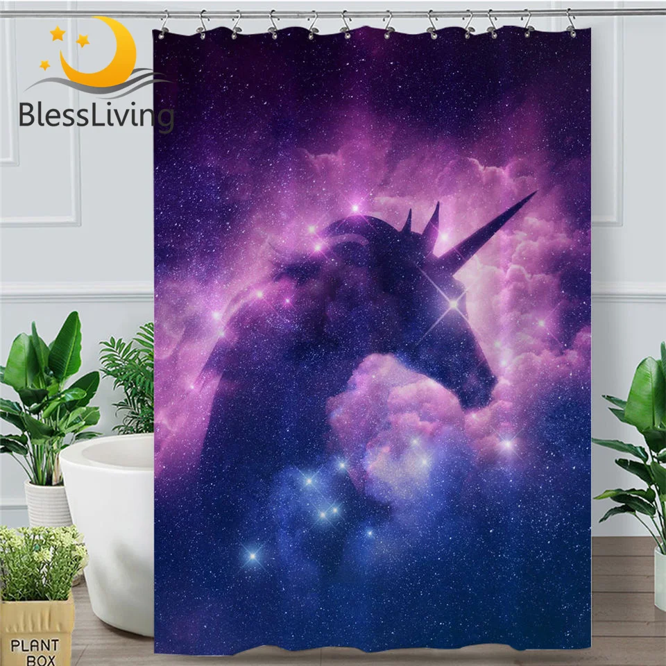 

BlessLiving Galaxy Unicorn Shower Curtain Psychedelic Space Waterproof Bath Curtain With Hooks Sparkly Unicorn rideau douche