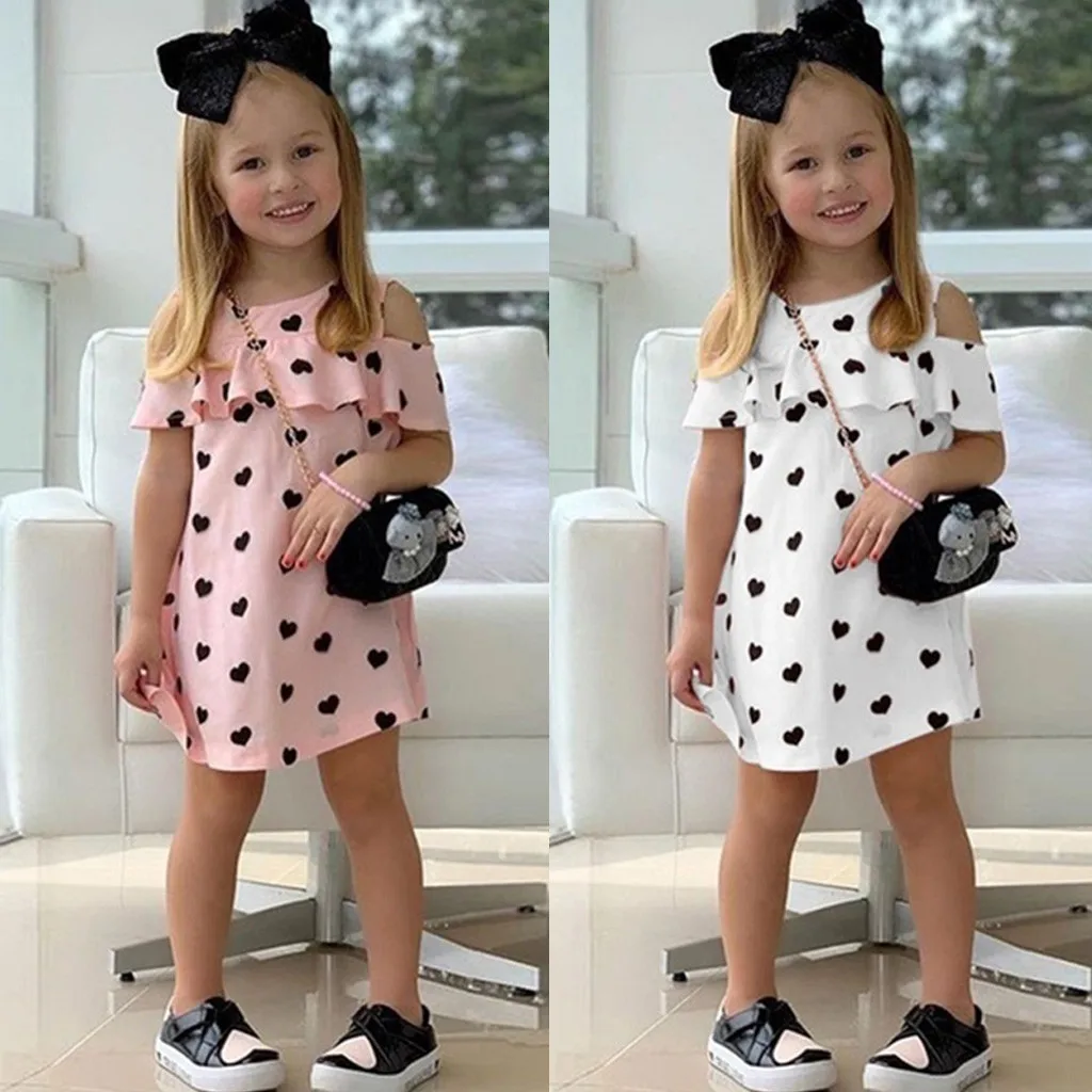 1-5 years Children's Baby Girls Sleeveless Off-the-shoulder Love Print Ruffle Sling Dress Princess Casual Clothes | Мать и ребенок