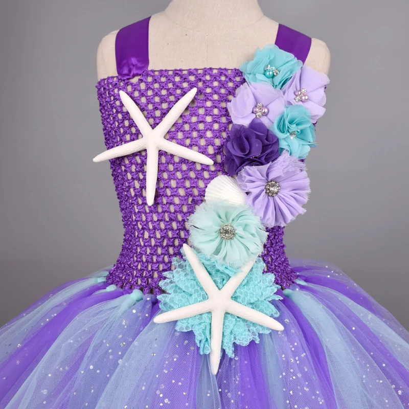 Блестящее фиолетовое платье-пачка принцессы с русалочкой; наборы повязок на голову; платье из тюля с цветочным принтом для дня рождения; одежда для костюмированной вечеринки