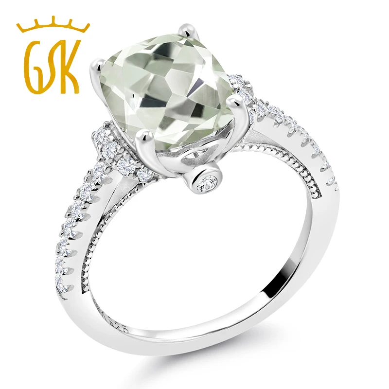 GemStoneKing 3.00Ct 925 пробы серебро зеленый натуральный празиолит и белый созданный сапфир кольцо для женщин ювелирные украшения
