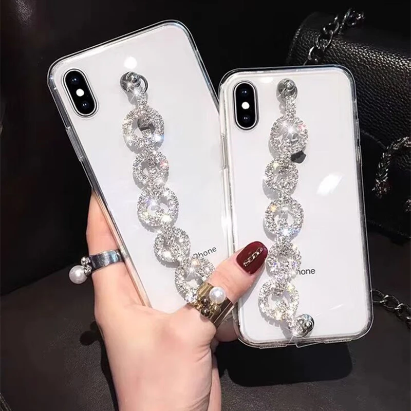 Чехол для iPhone 11 Pro Max 7 8 6 6s Plus X XR XS 8plus 6plus прозрачный со стразами с ремешком на