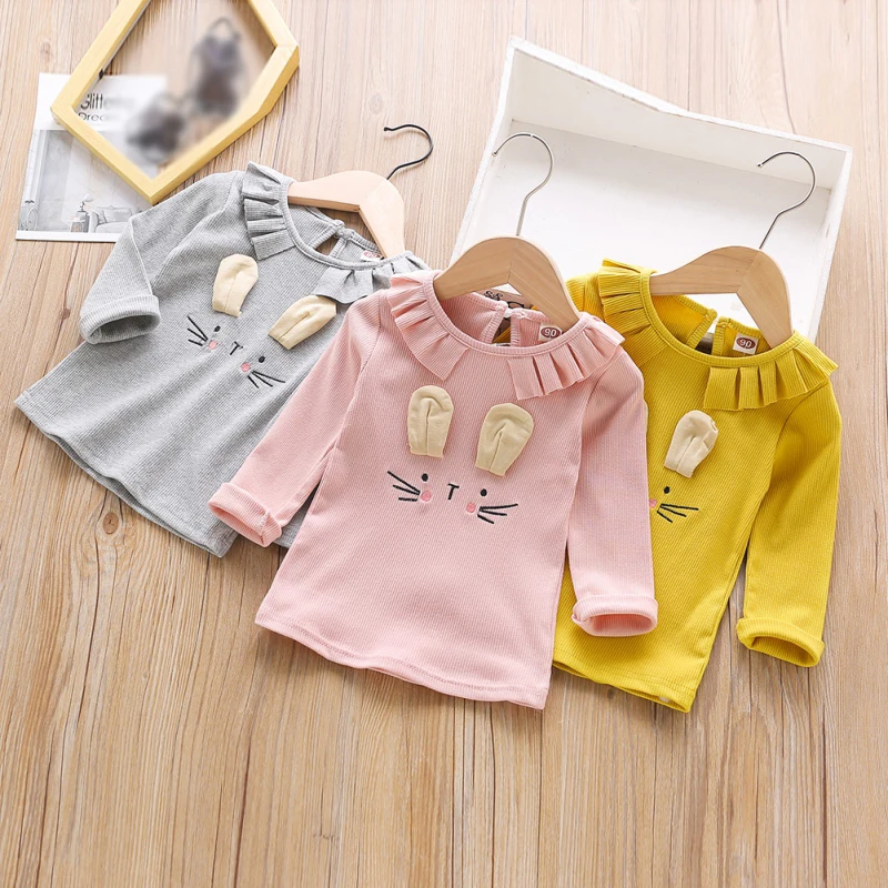 Children Baby Girl Clothing Round Neck Cute Rabbit Decoration Solid Color Long Sleeve Cotton Bottoming Casual Spring Autumn Tops