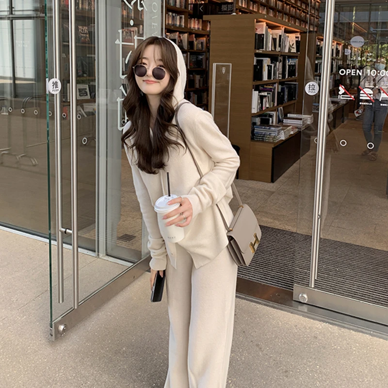 Autumn Winter Casual Knitted 2 Pieces Set Women Hooded Cardigans & Wide Leg Lace-up Knitted Pants Female Sweater Set