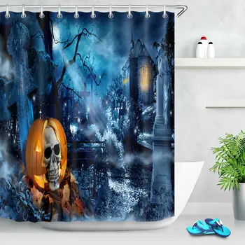 

Halloween Pumpkin Skull Grave Waterproof Fabric Bathroom Shower Curtain Set
