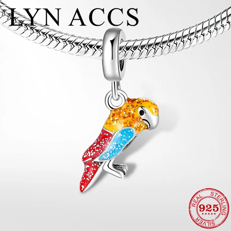 

925 sterling Silver DIY Bead Colorful Enamel Parrot Fine Pendant Jewelry making Fit Original Pandora Charm Bracelet Gifts