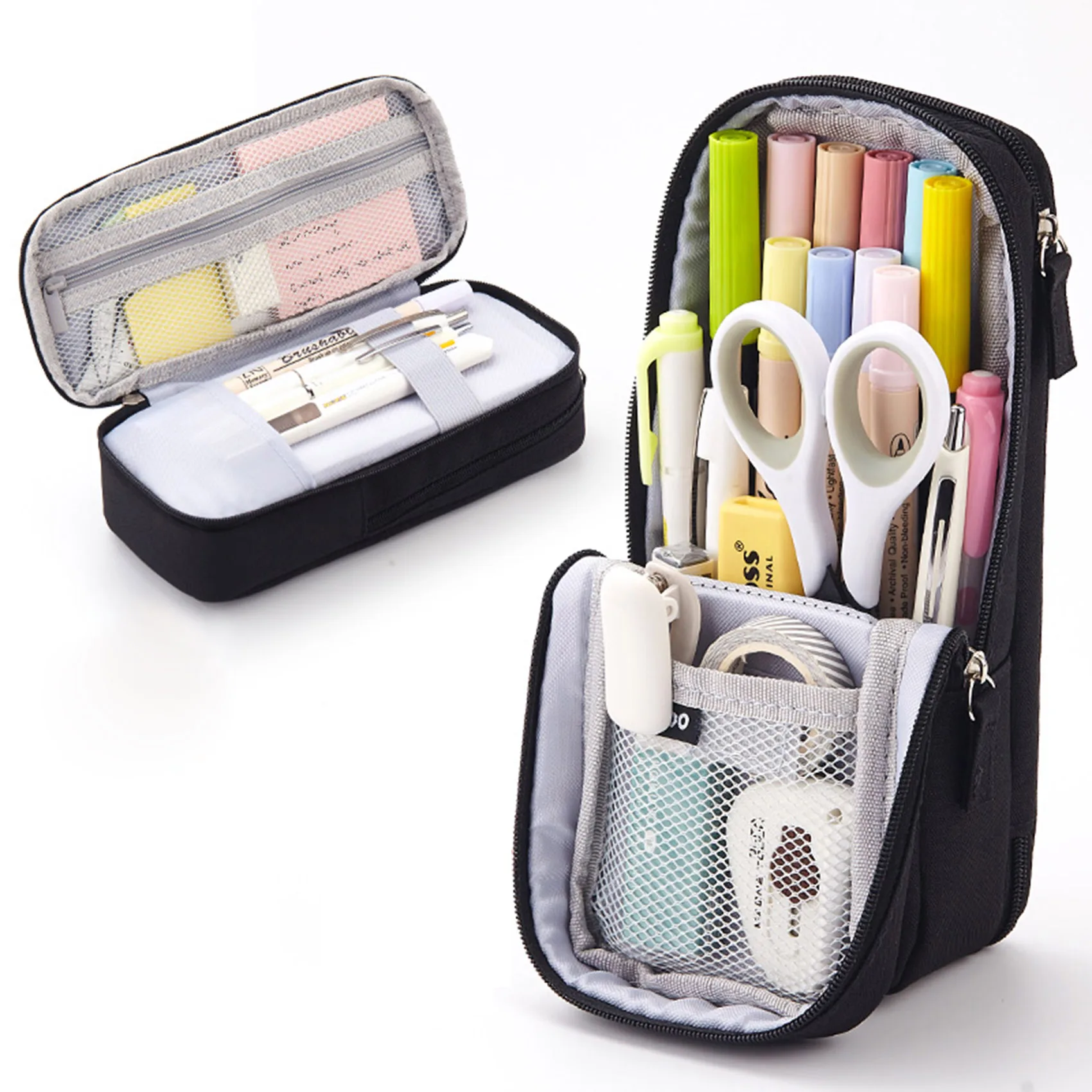 Standing pencil Pouch Cosmetics Case Travel Bag 2 Layers Stand-Up Desktop  Stationery - AliExpress
