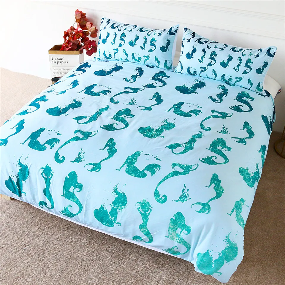 

HM Life Bedding Set Mermaid Cartoon Printed Duvet Cover Set for Girls Dark Green Marine Style 3pcs Quilt Cover and Pillowcase