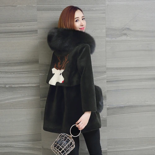 Autumn Winter Coat Women Clothes Fox Fur Hooded Wool Jacket Real Fur Coat Sheep Shearling Korean Tops Suede Lining ZT3665 - Color: deep green