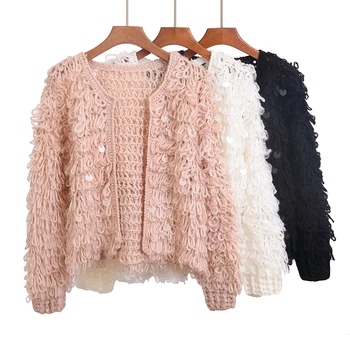 

Sequin Mohair Tassel Sweater Women's Loose Short Knitted Cardigan Coat Autumn and Winter South Korea Handmade Crocheting