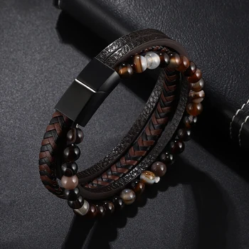 Vintage Multilayer Design Beaded Leather Bracelet Stainless Steel Clasp Men's Wrist Jewelry Gift Free Shipping