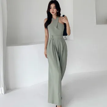 

2020 Korea Slim Sleeveless Halter Solid Overalls Loose Wide Leg Straight Casual Women's Long Jumpsuits