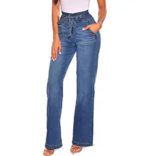 Женские джинсы Осень Зима повседневные ретро с высокой талией синие широкие брюки размера плюс длинные прямые брюки для женщин