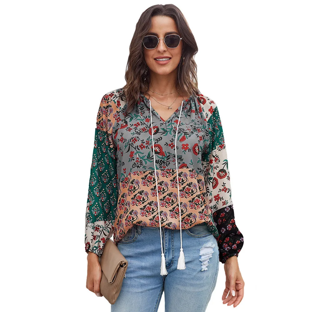 

Floral Boho Blouse Top 2019 Autumn Long Sleeve V-Neck Tassel Lace Tied Up Cotton Ethnic Hippie Chic Holiday Womens Shirt blusas