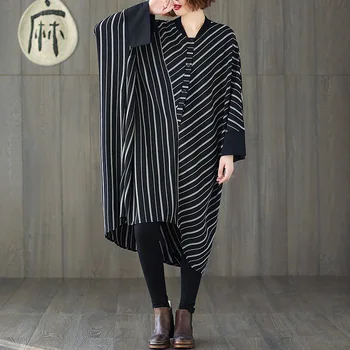 

Johnature 2020 Spring New Striped Plus Size Loose Casual Dresses Korean O-Neck Batwing Irregular Women Dress