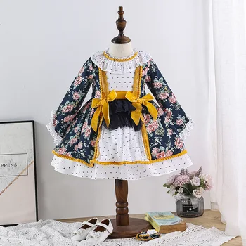 

Autumn Girl Floral Print Long Sleeve Princess Dress Vintage Spanish Lolita Palace Children Baby Toddler Infant Clothes Headwear