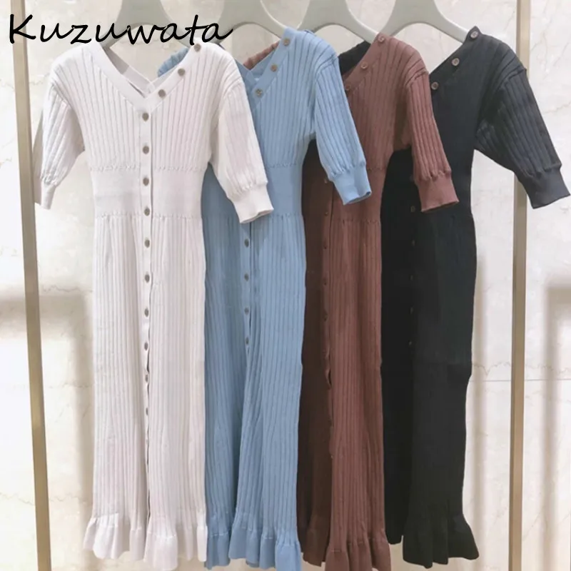 Kuzuwata-elegante Vestido de punto con botones para verano, traje Sexy con escote en V para mujer, tejido a la cintura, 2021