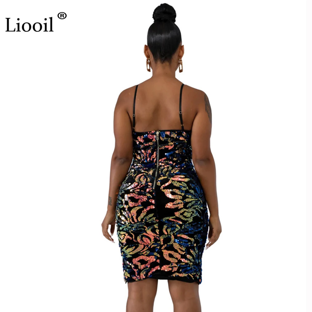 Liooil золото блесток печати сексуальный разрез Bodycon мини платье без рукавов V шеи на молнии бесшовная плотно прилегающая юбка платья женские вечерние ночной клуб