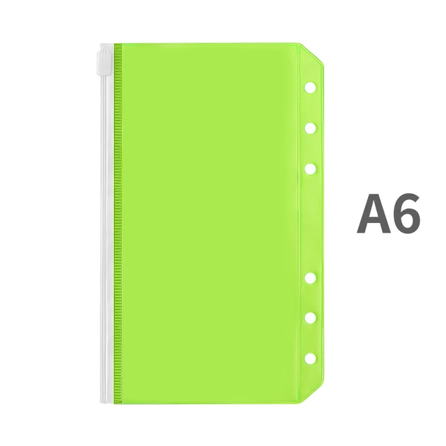 A5/A6 Binder Pockets PVC Binder Loose Leaf Bag Colorful Zipper Folders For 6-Ring Notebook Binder Pouch Document Filing Bags A6-Green