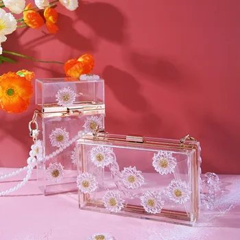 

Acrylic Transparent Box Clutches Daisy Flower Mobile Phone Bag Pearl Chain Crossbody Bag Clear Beach Bags Vertical section