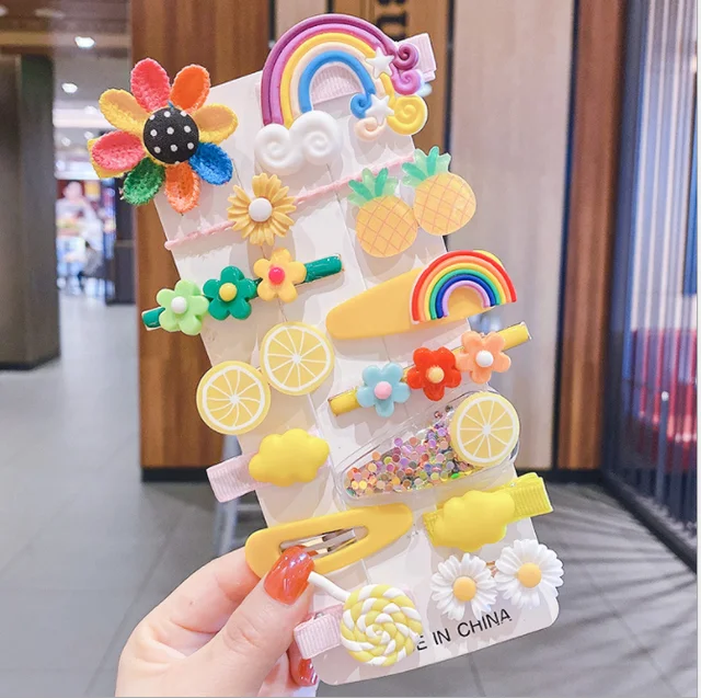 1 Set Of New Girl Cute Cartoon Fruit Animal ColorfulHairpin Iittle Girl Side Clip BB Hairpin Baby Fashion Hair Accessories 14PCS
