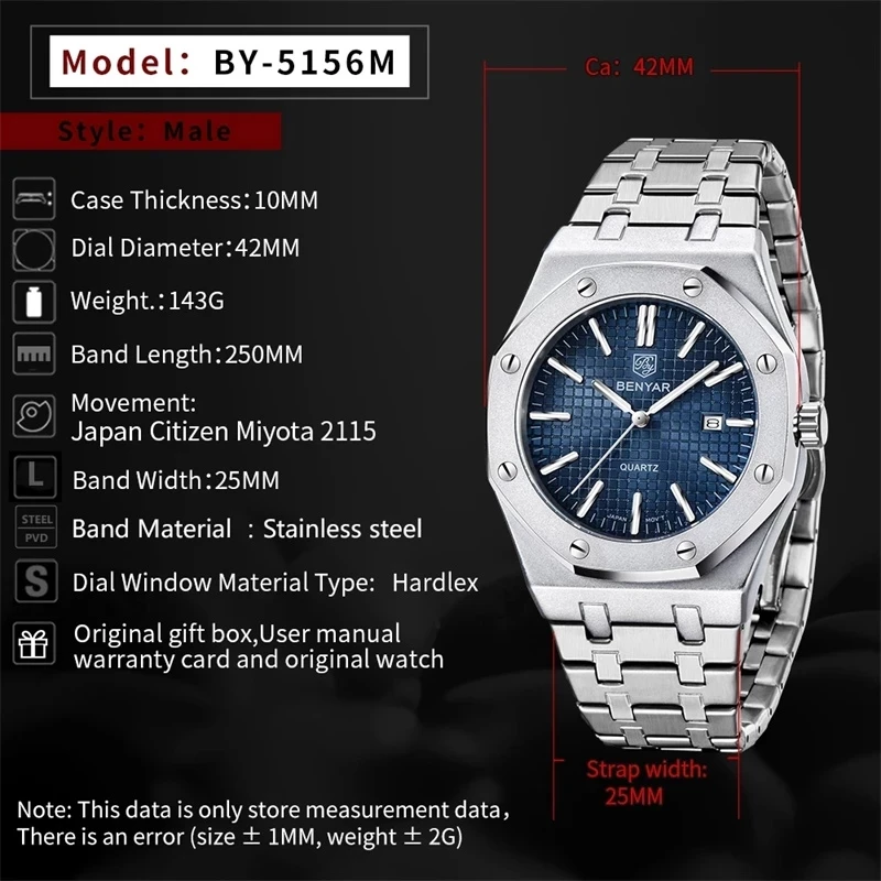 2020 BENYAR New Men's Watch Top Luxury Brand Men's Casual All-steel Quartz Watch Analog Waterproof Sports Military Watch