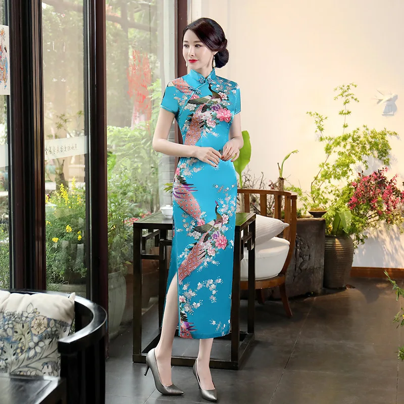 Fikoo Chinese National Spring Cheongsam Long Dress Peacock Floral Vintage Silk Dresses silk scarf women scarfs square 90 90 sjaal schal scarves luxury brand autumn hijab peacock satin spring hair gifts cachecol wape