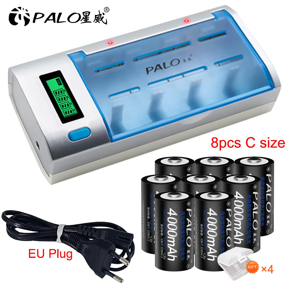 PALO R14 C Cell battery C size rechargeable battery 1.2V 4000mAh NI-MH + intelligent fast charging LCD charger for AA AAA C D 9V coin cell Batteries