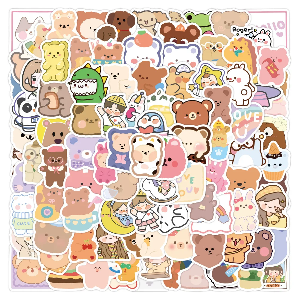 100PCS Kawaii Bear Sticker Anime Decor Ins Young Girl DIY Cute Fine Food Phone Suitcase Laptop Glitter Stickers Stationery Set