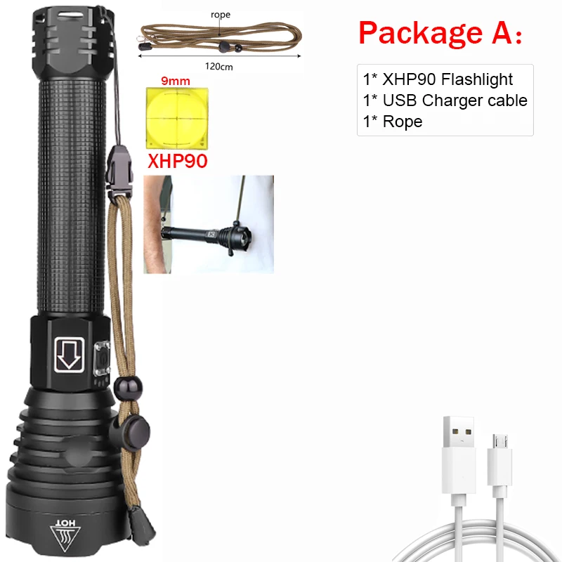 Package A XHP90 фонарик USB перезаряжаемый светодиодный фонарь Zoom фонарь XHP70 супер яркий фонарик водонепроницаемый светодиодный фонарь 18650 - Испускаемый цвет: Package A