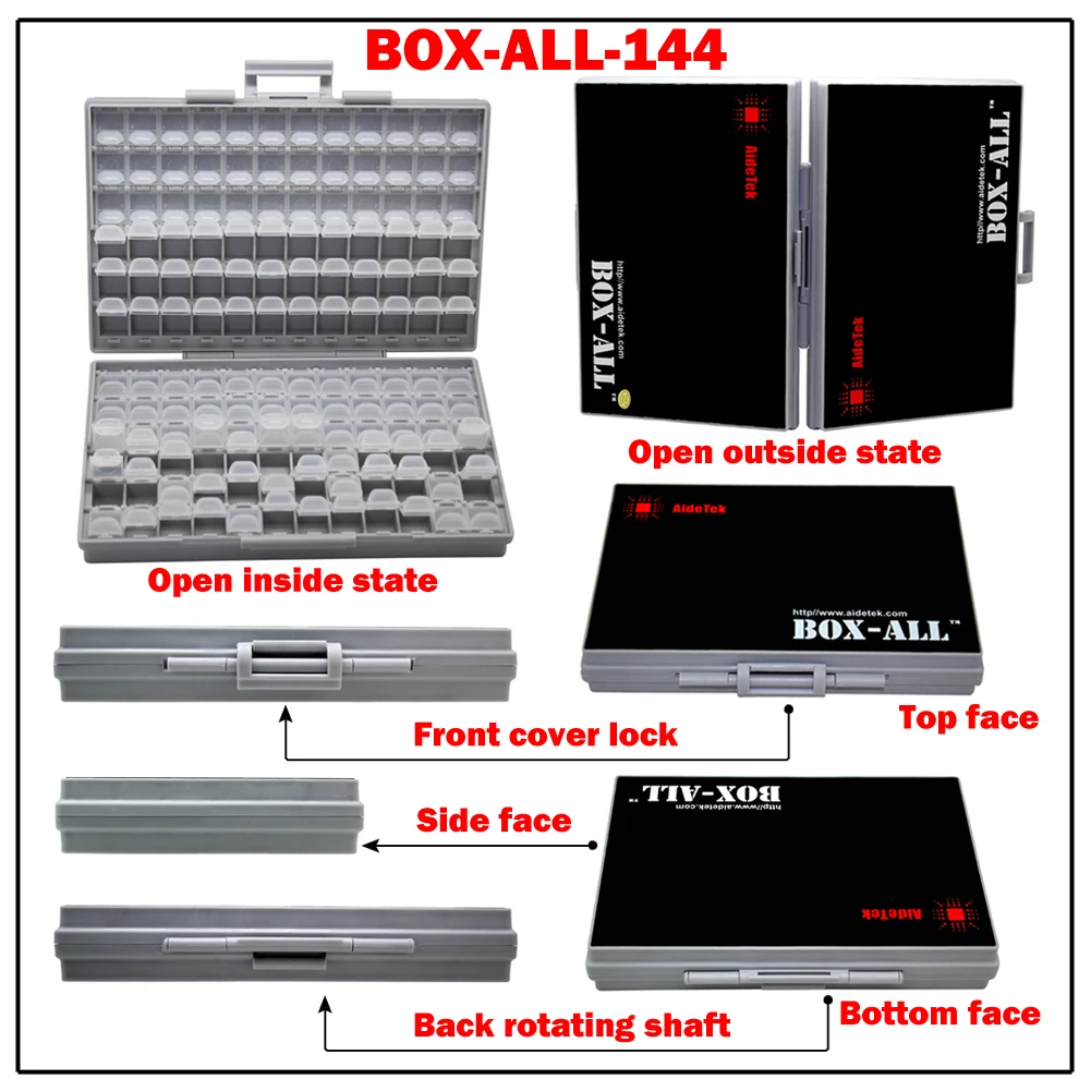 Aidetek BOX-ALL-144 Törzs SMD tárolására SMT Fűtő csőkígyó Kondenzorlencse Elektronfizika tárolására esetekben organizers