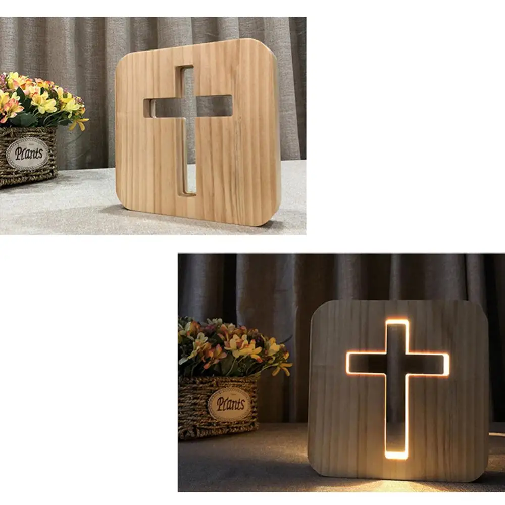 1Pc 3D Wooden Cross USB Night Light LED Table Lamp Novelty Kids Bedroom Coffee Shop Decoration Christian Gift