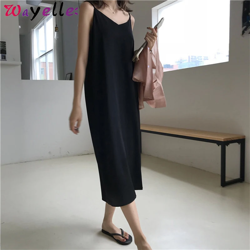 

Sexy Spaghetti Strap Party Dress Women 2019 Sling Basic Balck Long Dress Lady V Neck Draped Loose Maxi Party Dress Female