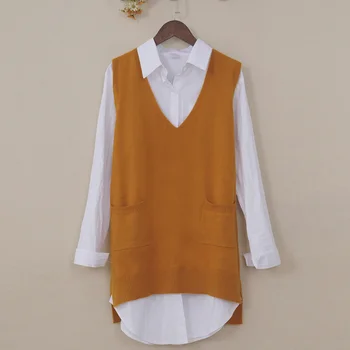 

Women Long Vests Autumn Winter V-neck Sleeveless Khaki Loose Pullovers Soft And Comfortable Side Split Vest With Pocket Spring