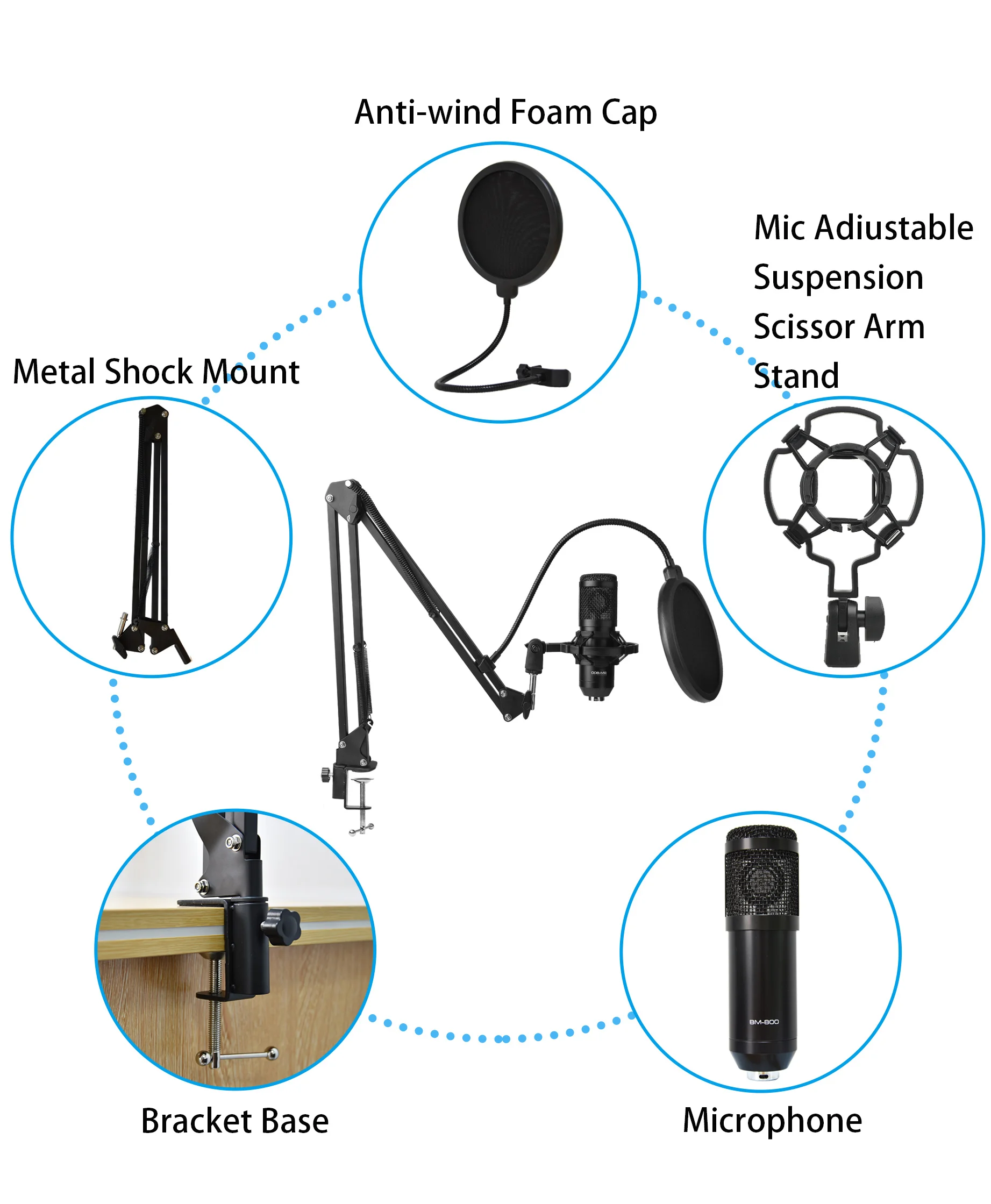 Bm 800 Microphone Sound Card Professional Studio Condenser Wireless Microphone for USB Gaming Singing Karaoke MIC for PC Phone microphone for computer