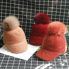 Зимние женские винтажные норковые кашемировые бейсболки, плотные теплые однотонные лыжные бейсболка для девочки с помпоном из натурального Лисьего меха