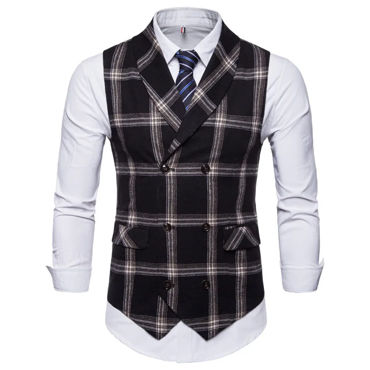 

Spring And Autumn New Style Men's Double Breasted Large Grid Slim Fit Waistcoat British-Style Large Size Suit Vest Fashion Man S
