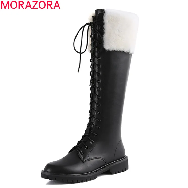 Женские сапоги на шнуровке MORAZORA черные до колена из натуральной кожи новинка