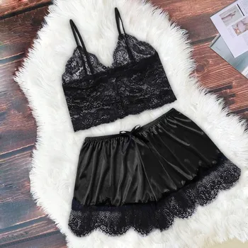 

Women Nightwear Silk Lace Top Camisole Bow Shorts Pajamas Sexy Lingerie Sleeveless Sleepwear Set S-3XL Vestido para dormir W5