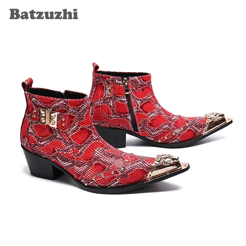 Batzuzhi 6.5cm Heels High Boots Men Formal Leather Ankle Dress Boots Gold Pointed Toe Red Party and Wedding Shoes Botas Hombre