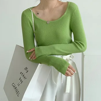 

Women Sweaters Solid Color Long Sleeve Fashion Sweaters Slim Soft Square Collar Korean Style Knit Pullover