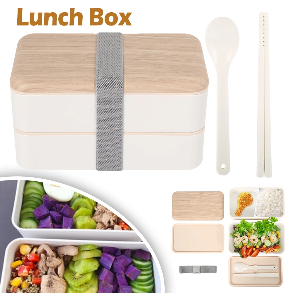 

Microwave Double Layer Lunch Box 1500ml Wooden Feeling Salad Bento Box BPA Free Portable Container Box Workers Student