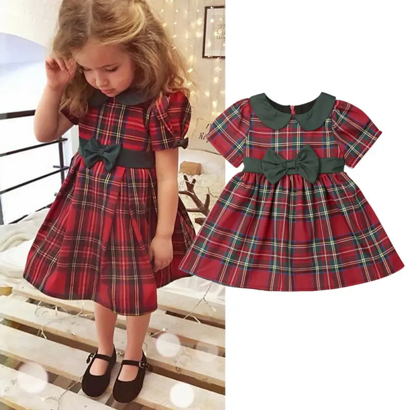 Рождественское платье для маленьких девочек, одежда короткий рукав бант, клетчатое рождественское платье трапециевидной формы с принтом