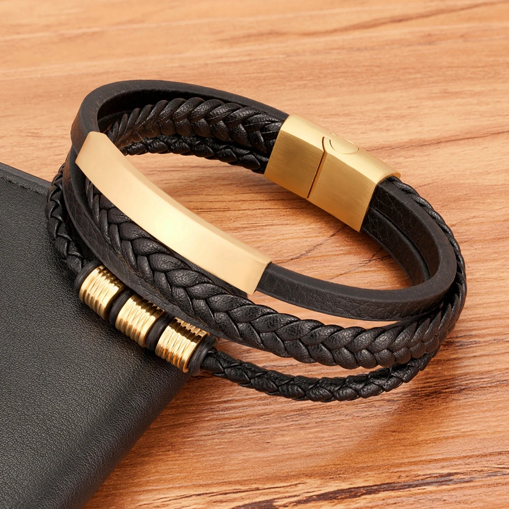 TYO New Stainless Steel Black Multilayer Genuine Leather Bracelet For Men Magnetic Clasp Button Vintage Braid Bangle Jewelry