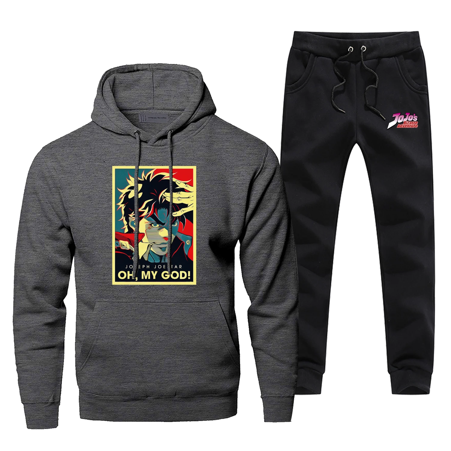 Dark Gray Классический японский аниме Jojos Необычные Приключения Joestar Joseph Mens OH MY GOD толстовка с капюшоном брюки наборы Мужская Флисовая спортивная одежда - Цвет: Dark Gray