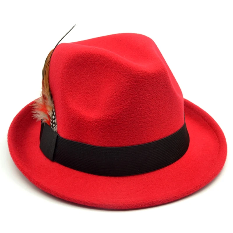 HT3037RD Мужчины Женщины жесткий фетр перо группа Трилби джаз шляпа Sunhat - Цвет: HT3037RD