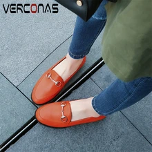 VERCONAS Classic Design Casual Women Pumps Concise Genuine Leather Metal Decoration Round Toe Low Heels Basic Shoes Woman Spring